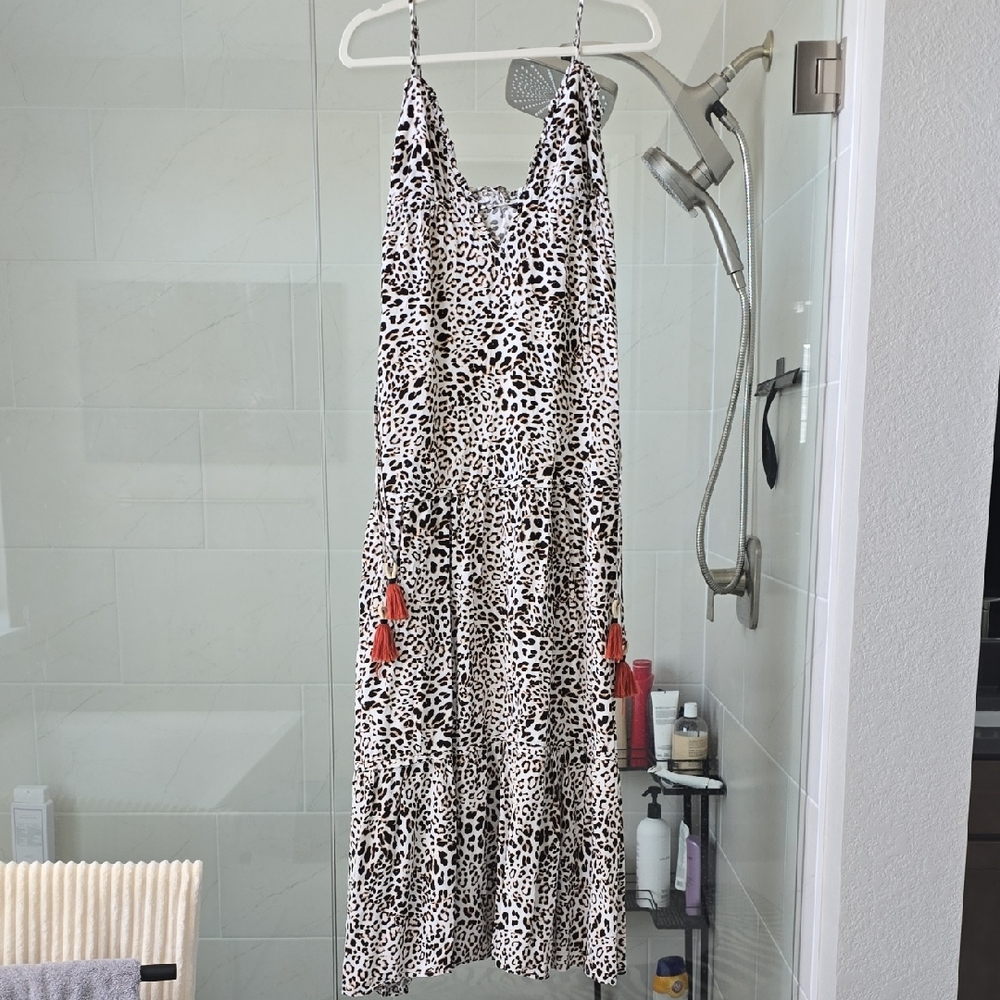 By Together White and Black Leopard Print Maxi Dress with Coral Tassels